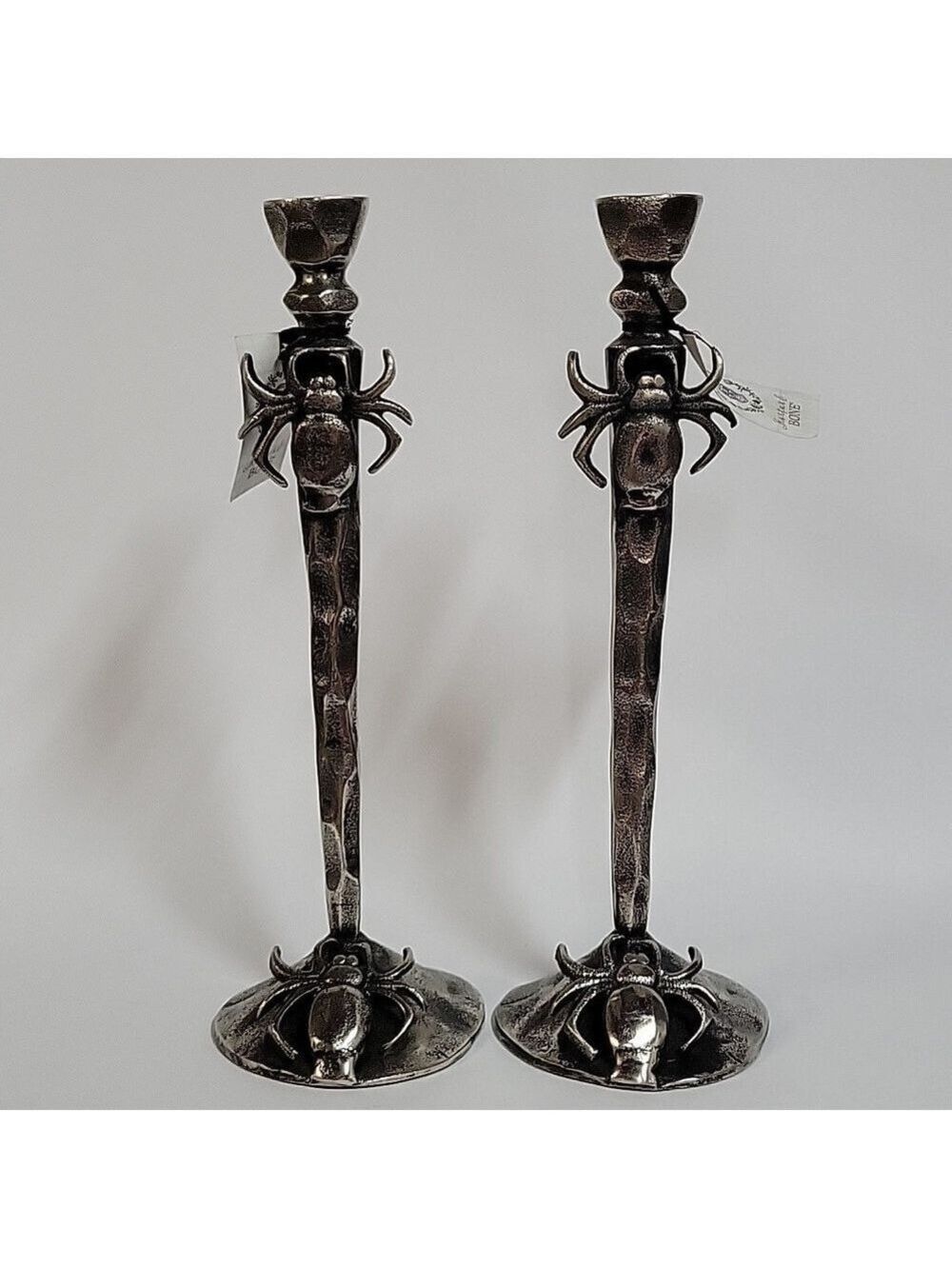 Set of (2) Mortar & Bone Antiquated Silver Spider Gothic Candle Stems w/Candles